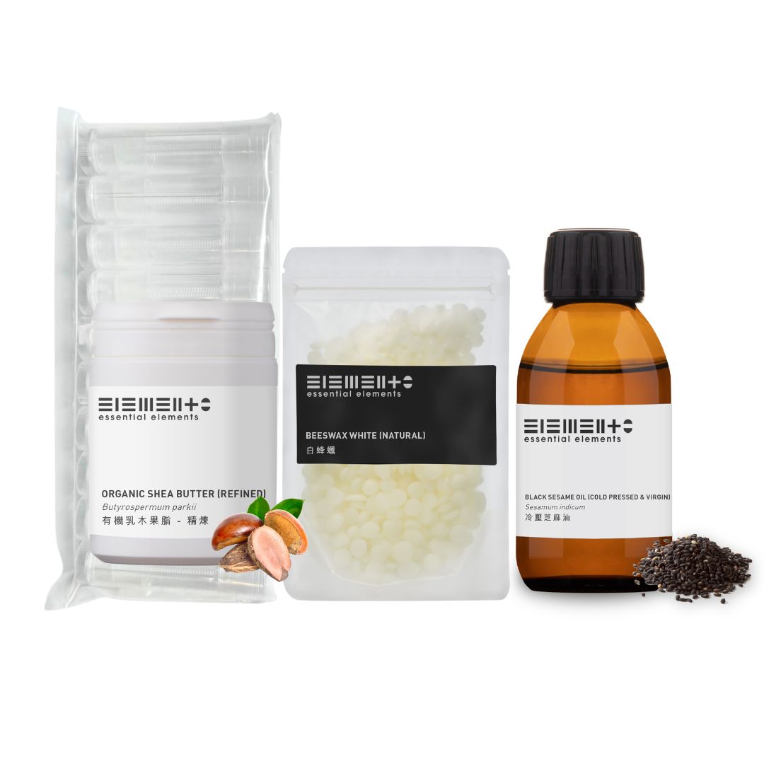 DIY滋潤唇膏套裝 (冷壓黑芝麻油100亳升+白蜂蠟100克+有機乳木果脂(精煉)100克+唇膏筒10個透明)
