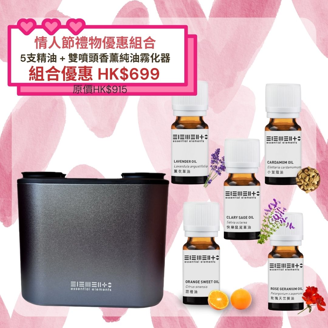 情人節禮物優惠組合! (5支精油: 薰衣草、玫瑰天竺葵、甜橙、小荳蔻、快樂鼠尾草) + 雙噴頭香薰純油霧化器
